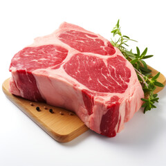 fresh raw beef steak with rosemary on a wooden boardon a white background 