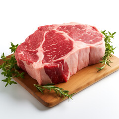 fresh raw beef steak with rosemary on a wooden board on a white background