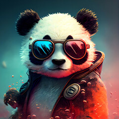 Baby Panda Looking Adorably in Front. Cool panda with glasses, illustration for social networks or magazine, close-up picture of a panda. A lot of colors