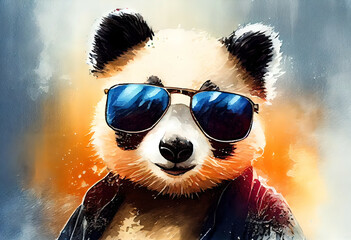 Baby Panda Looking Adorably in Front. Cool panda with glasses, illustration for social networks or magazine, close-up picture of a panda