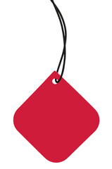 Blank Red Cardboard Sale Tag And Black String, Empty Square Price Label Background, Vertical Isolated Detailed Hanging Badge Copy Space Macro Closeup, Large Rounded Corners - 679208429