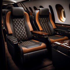 Fotografia con detalle de butacas de lujo con cuero de color negro y marron, en un avion privado - obrazy, fototapety, plakaty