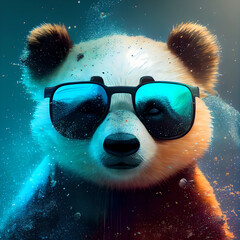 Baby Panda Looking Adorably in Front. Cool panda with glasses, illustration for social networks or magazine, close-up picture of a panda. A lot of colors