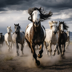 Fotografia con detalle de varios caballos al galope - obrazy, fototapety, plakaty