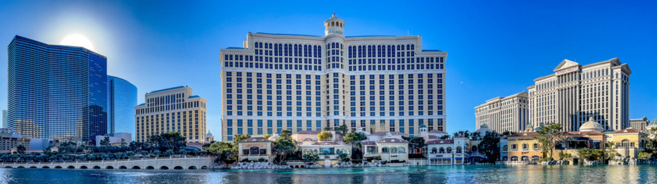 Great panoramic view of the Bellagio Hotel and Casino, Caesars Palace and The Cosmopolitan of Las Vegas, located in the middle of the Las Vegas Strip.