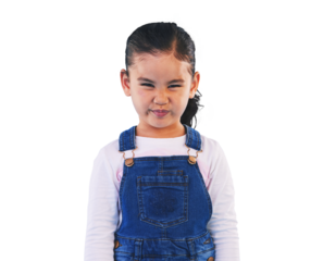 Tantrum, attitude and portrait of girl child isolated on png transparent background with upset, mad and frustrated expression. Behaviour, pout and young kid with sad face for anger or facial emotion