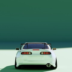 4K Square rear or back view agle a white metalic supercar with green pastel color background isolated, JDM japan car or Japanese Domestic Market
