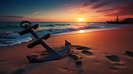Fototapeta premium anchor at the beach with sunset light. Old metal anchor at the beach with sunset light