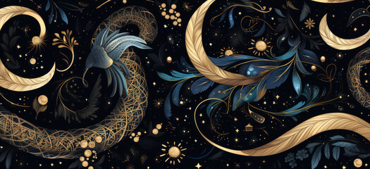 magic seamless pattern with feathers birds crystals, golden and blue abstract elements on black background