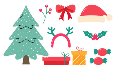 Cute Hand Drawn Colorful Christmas Doodles,  Set of Christmas Elements Collection in Doodle Style