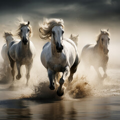 Fotografia con detalle de varios caballos de tonos claros ,al galope, en paisaje natural con agua - obrazy, fototapety, plakaty