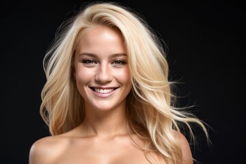 Portrait beautiful blond model woman with white teeth smile, healthy long flowing hair and beauty skin on black background. Concept of advertising a dentist, hairstyle and facial care. Generative AI
