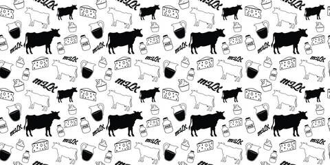 Cow, dairy products illustration seamless pattern