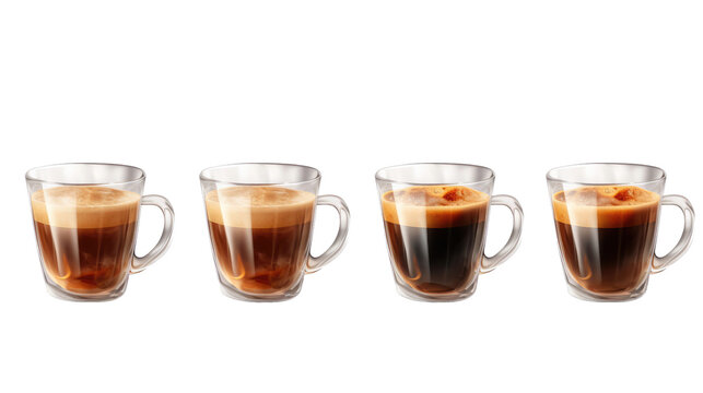 Set of cups of hot espresso coffee on transparent background