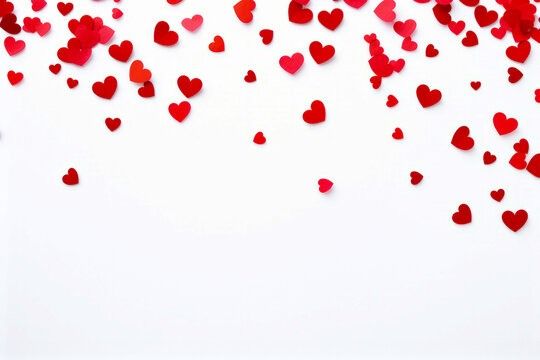 White background with red hearts floating in the air and white background with red heart.