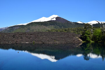 National Park Conguillio in Chile: a paradise of lagoons, araucarias, and volcanoes.

