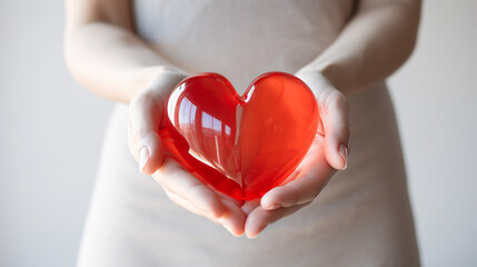 Red glossy heart in woman hands. Love, valentine's day background. 