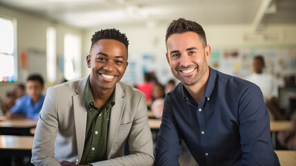 Diverse Team of Happy Male Elementary School Teachers with Students in Classroom