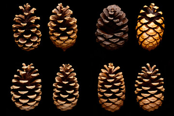 Group of pine cones sitting on top of black surface.