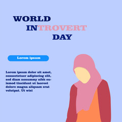 poster design commemorating World Introvert Day, with a woman sitting contemplating alone wearing a brown hat and a blue background