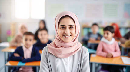 Joyful Muslim Elementary School Teacher with Happy Learning Students in Classroom