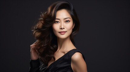 Fototapeta na wymiar Stylish Asian Model with Long Brunette Hair in Studio