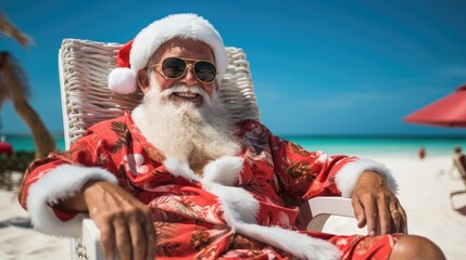 Santa Claus in red costume sitting in chair on the beach