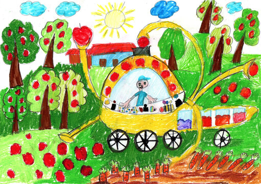 Harvesting season. Fresh organic farm food vegetables.Pencil art in childish style