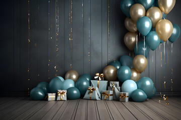 Happy birthday template wooden floor background with gift box, blue and gold balloons 