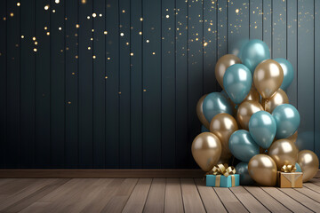 Happy birthday template wooden floor background with gift box, blue and gold balloons 
