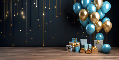 Fototapeta na wymiar Happy birthday template wooden floor background with gift box, blue and gold balloons 