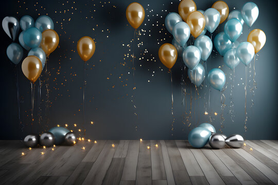Happy birthday template wooden floor background with gift box, blue and gold balloons 