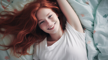 Fototapeta premium Girl with long red hair with lying on the bed with a relaxed face