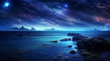 Fototapeta premium The sky and the sea at night Among the stars that shine brightly to be seen at night.
