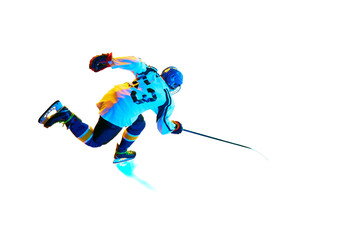Top view image of young girl, hockey player in motion during game, training, playing against white background in neon light. Concept of professional sport, competition, game, action, hobby