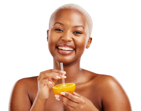 Happy black woman, orange and straw or portrait for beauty, skincare or diet for wellness or healthy fruit. Natural, juice or African lady with smile or glow isolated on transparent png background