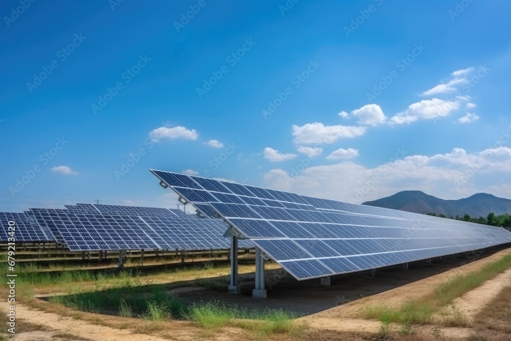 Poster serene array of solar panels harvesting clean energy in a vast open generative ai