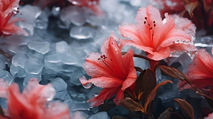 Selbstklebende Fototapeten Frozen azalea with red leaves © Ziyan