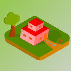 vector illustration of a red house surrounded by green grass that looks 3-dimensional
