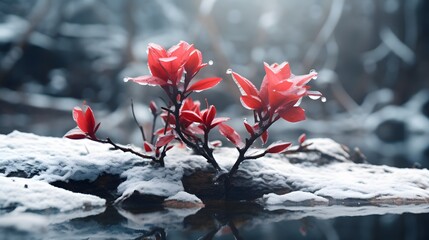 Frozen azalea with red leaves