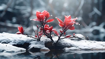 Deurstickers Frozen azalea with red leaves © Ziyan