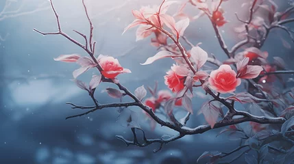 Foto auf Acrylglas Frozen azalea with red leaves © Ziyan