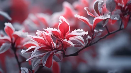 Fototapeten Frozen azalea with red leaves © Ziyan