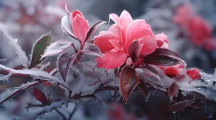 Fototapeten Frozen azalea with red leaves © Ziyan