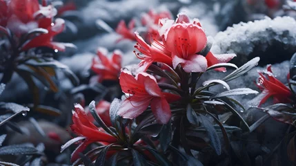 Foto op Plexiglas Frozen azalea with red leaves © Ziyan