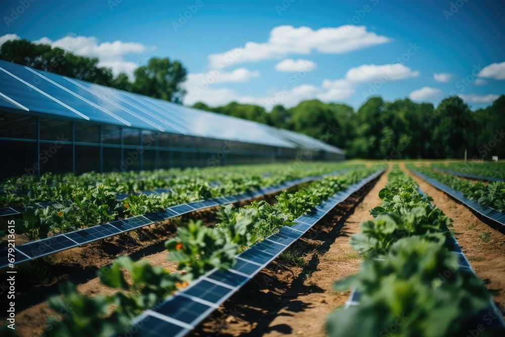 Poster harnessing solar power through rows of panels generative ai
