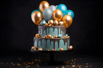 Birthday cake with candles and balloons blue and golden colors isolated on black background 