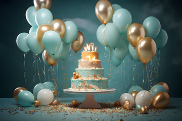 Birthday cake with candles and balloons blue and golden colors isolated on black background 