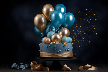 Fototapeta na wymiar Birthday cake with candles and balloons blue and golden colors isolated on black background 