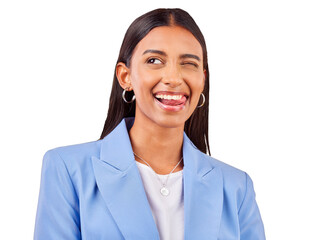 Funny, business woman and smile with wink and tongue out on isolated transparent png background....